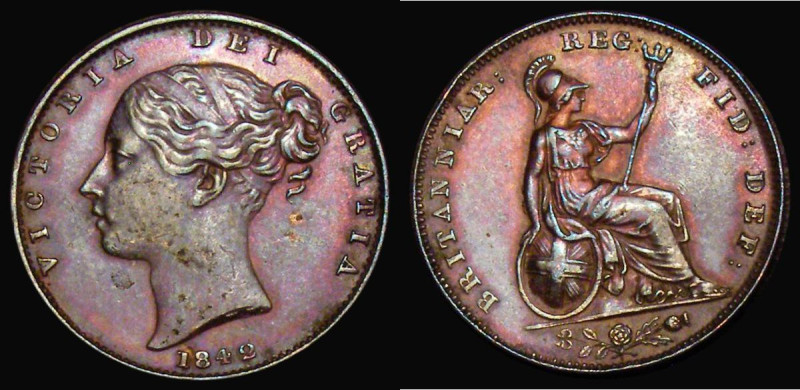 Farthing 1842 Closed 2 in date, 11 teeth date spacing, VF with some spots on the...