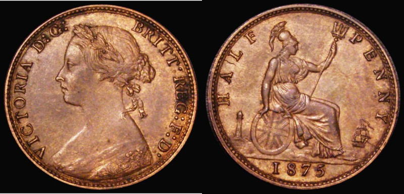 Halfpenny 1875 Freeman 321 dies 11+J EF or very near so with traces of lustre an...