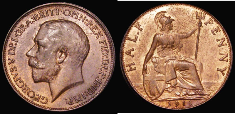 Halfpenny 1911 Freeman 390 dies 1+A, UNC the obverse with traces of lustre, the ...