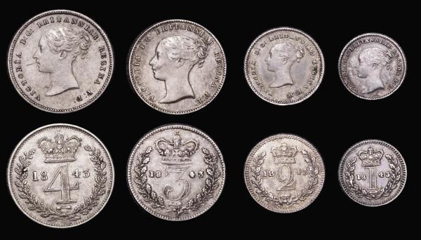 Maundy Set 1843 ESC 2453, Bull 3486, an assembled set Fourpence 1843 NEF, the ob...