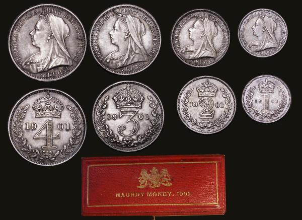 Maundy Set 1901 ESC 2516, Bull 3559 EF to A/UNC the Fourpence with a hairline sc...