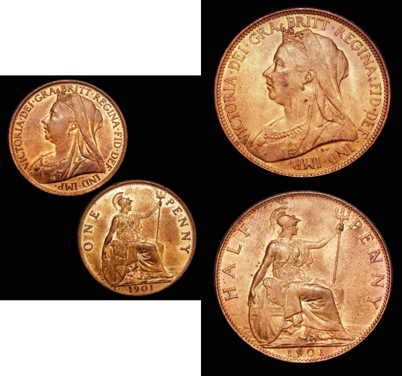 Penny 1901 Freeman 154 dies 1+B UNC with around 50% lustre, Halfpenny 1901 Freem...