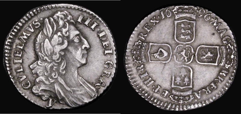 Sixpence 1696y First Bust, Early Harp. Large Crowns, ESC 1539, Bull 1296, GVF st...