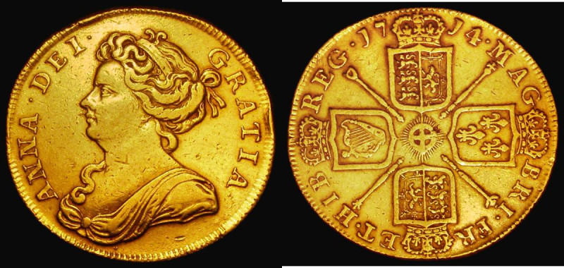 Two Guineas 1714 4 over 3 S.3569 NVF a seldom offered date for this Queen Anne s...