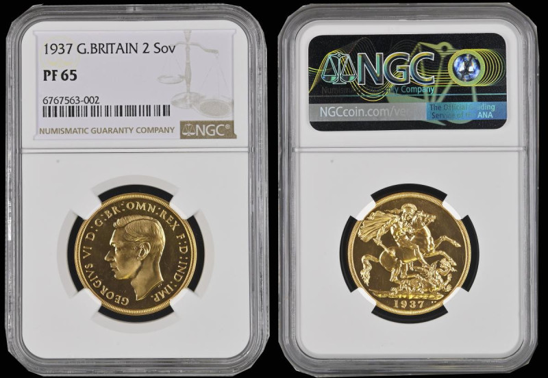 Two Pounds 1937 Gold Proof S.4075, Marsh T46, in an NGC holder and graded PF65, ...