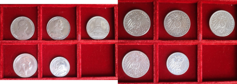 Lotti e Confezioni. Germania. Lotto di 5 Pezzi. Prussia 3 Marchi 1912 A, 1913 A,...