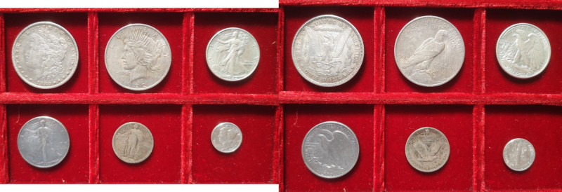Lotti e Confezioni. USA. Lotto di 6 pezzi. Dollaro Morgan 1880. Dollaro Peace 19...