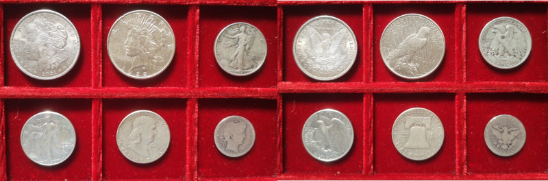 Lotti e Confezioni. USA. Lotto di 6 pezzi. Dollaro Morgan 1921. Dollaro Peace 19...