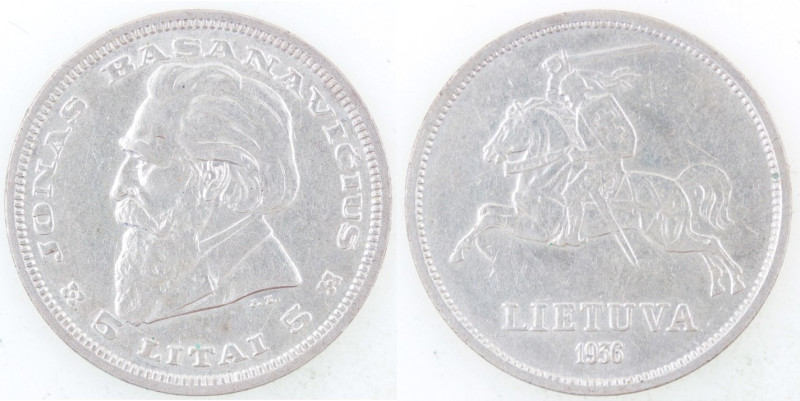 Monete Estere. Lituania. 5 Litu 1936. Ag. KM82. Peso gr. 8,99. Diametro mm. 27,0...