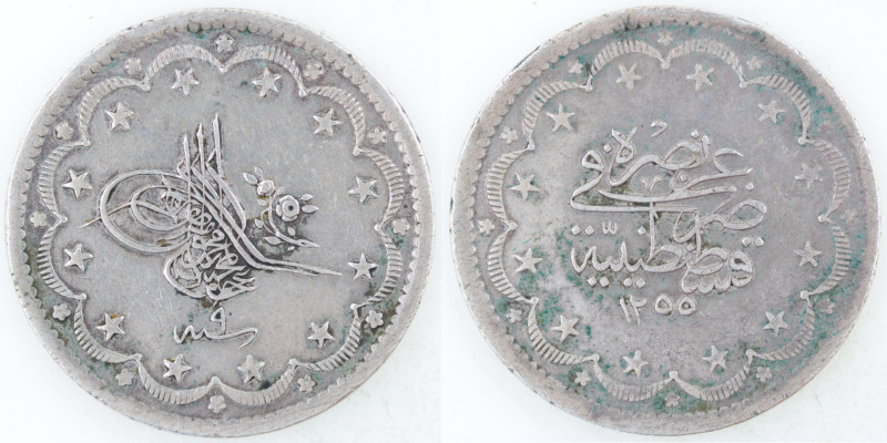 Monete Estere. Turchia. 20 Kurush 1255/8 (1839). Ag. KM# 675. Peso gr. 23,85. Di...