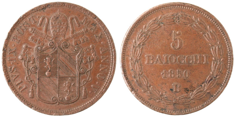 Zecche Italiane. Bologna. Pio IX. 1846-1870. 5 Baiocchi 1850 ANNO V. Ae. Gig. 17...