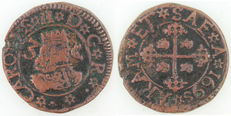 Zecche Italiane. Cagliari. Carlo II. 1665-1700. Tre Cagliaresi 1695. Ae. D/ CARO...