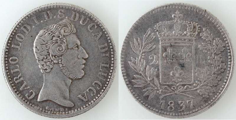 Zecche Italiane. Lucca. Carlo Ludovico di Borbone. 1824-1827. 2 Lire 1837. Ag. G...