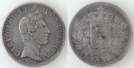 Zecche Italiane. Lucca. Carlo Ludovico di Borbone. 1824-1827. 2 Lire 1837. Ag. Gig. 1. Peso gr. 9,90. Diametro mm. 27,50. BB/BB+. R. (0323)