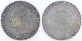 Zecche Italiane. Napoli. Giuseppe Napoleone. Piastra 1806. Ag. Mag. 402. Peso gr. 27,49. Diametro 38,50. BB. Colpo nel campo del diritto. Patina. RR. ...
