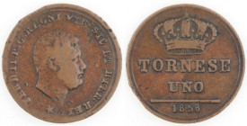 Zecche Italiane. Napoli. Ferdinando II. 1830-1859. Tornese 1858. Ae. Mag. 783a. Peso gr. 3,14. Diametro mm. 19,50. qBB. Stella a 5 punte. R. (4523)...