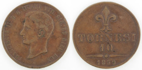 Zecche Italiane. Napoli. Francesco II. 1859-1861. 10 Tornesi 1859. Ae. Mag. 809. Peso gr. 29,37.Diametro mm. 37,50. BB. (6423)