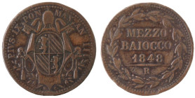 Zecche Italiane. Roma. Pio IX. 1846-1870. Mezzo Baiocco 1848 AN III. Ae. Gig. 239. Peso gr. 5,31. Diametro mm. 23. BB. R. (0323)