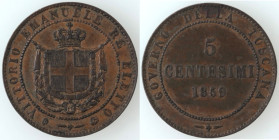 Casa Savoia. Vittorio Emanuele II. Re Eletto. 1859-1861. 5 Centesimi 1859. Ae. Gig. 17. Peso gr. 5,00. Diametro mm. 25. qSPL. (0423)