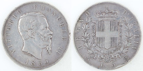 Casa Savoia. Vittorio Emanuele II. 1861-1878. 5 Lire 1865 Napoli. Ag. Gig.36. Peso gr. 24,92. MB. Colpi al bordo. R. (7023)