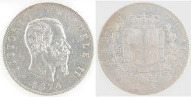 Casa Savoia. Vittorio Emanuele II. 1861-1878. 5 Lire 1874 Milano. Ag. Gig.48. Peso gr. 24,87. MB+. (6723)