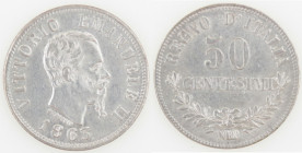 Casa Savoia. Vittorio Emanuele II. 1861-1878. 50 Centesimi 1863 Napoli. Valore. Ag. Gig.77. Peso gr 2,50. qSPL. (423)