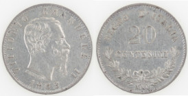 Casa Savoia. Vittorio Emanuele II. 1861-1878. 20 Centesimi 1863 Milano. Valore. Ag. Gig.84. Peso gr 1,00. qSPL. (423)