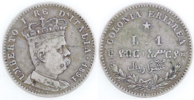 Casa Savoia. Umberto I. 1890-1896. Colonia Eritrea. Lira 1891. Ag. Gig.6. Peso gr. 4,93. Diametro mm. 23. qBB. Patina. Graffio al diritto. NC. (8023)