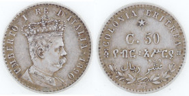 Casa Savoia. Umberto I. 1890-1896. Colonia Eritrea. 50 Centesimi 1890. Ag. Gig.8. Peso gr. 2,49. qSPL. Patina. R. (7023)