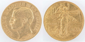 Casa Savoia. Vittorio Emanuele III. 1900-1943. 50 Lire 1911 Cinquantenario. Au. Gig. 19. Peso gr. 16,13. qSPL. Con certificato Bolaffi 75%. R. (6823)