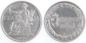 Casa Savoia. Vittorio Emanuele III. 1900-1943. Buono da 1 Lira 1926. Italia seduta. Ni. Gig. 144. Peso gr. 8,00. Diametro mm. 26,50. qFDC. Moneta per ...