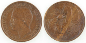 Casa Savoia. Vittorio Emanuele III. 1900-1946. 10 Centesimi 1919 Ape. Ae. Gig. 228. Peso gr. 5,25. Diametro mm. 22,50. SPL. R. (0001)