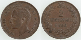 Casa Savoia. Vittorio Emanuele III. 1900-1943. 2 Centesimi 1908 Valore. Ae. Gig.297. FDC. Difetto del tondello. (423)