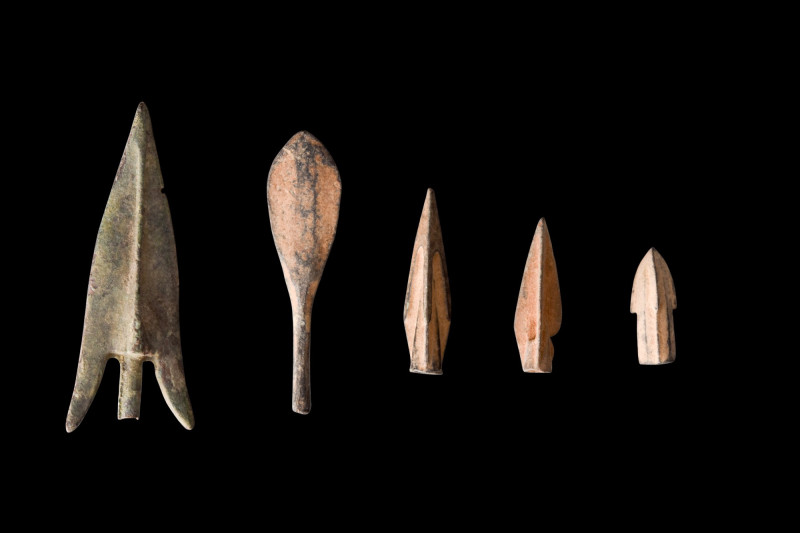 GREEK ARCHAIC GROUP OF FIVE BRONZE ARROWHEADS

 Ca. 525-330 BC
 A remarkable ...