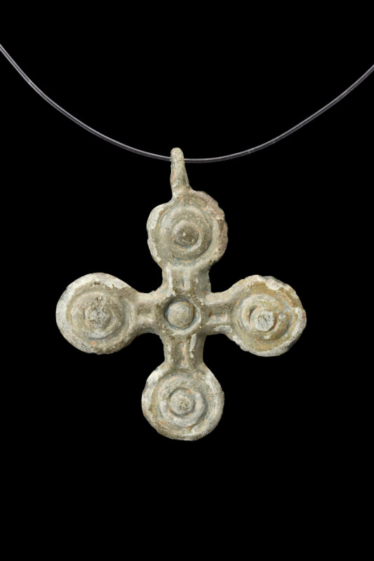 BYZANTINE BRONZE CROSS PENDANT WITH FIVE WOUNDS OF CHRIST

 Ca. 800 AD
 A bro...