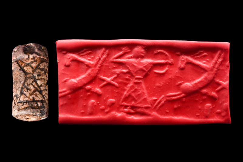 BACTRIAN BUFF STONE CYLINDER SEAL

 Ca. 2nd millennium BC
 It depicts a bowma...