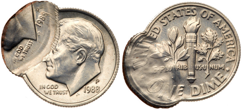 1988-P Roosevelt Mint ERROR. Complete 2nd struck 70% off-center. Brilliant Uncir...