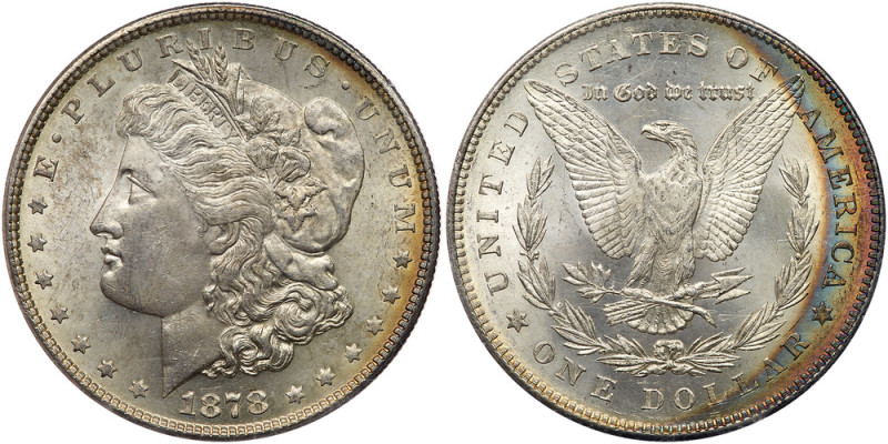 1878. 7 tail feathers, reverse of 1878. PCGS graded MS-63. Housed in a First Gen...