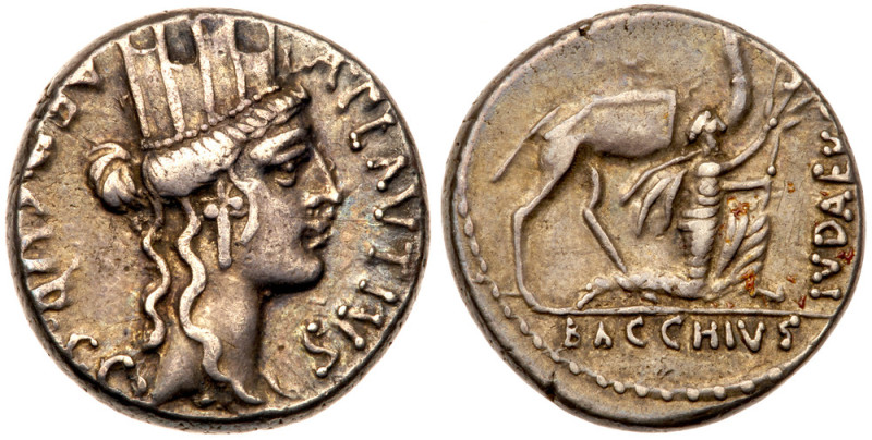 A. Plautius, moneyer. AR Denarius minted at Rome, c. 55 BC. Turreted head right ...