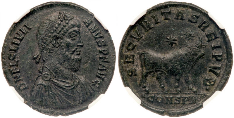 Julian II, AD 360-363. AE 1 (Majorina) minted at Constantinople. Diademed, cuira...