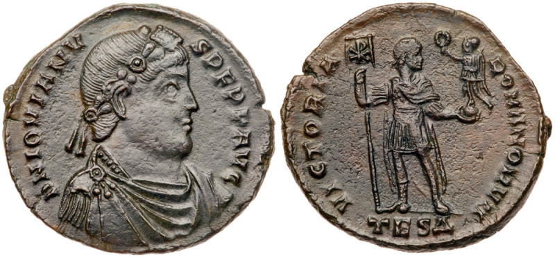 Jovian, AD 363-364. AE 1 (28.50 mm) minted at Thessalonica. Diademed, cuirassed ...