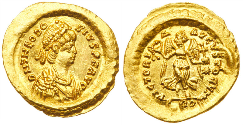 Theodosius II, AD 402-450. Gold Tremissis (1.50 g) minted at Constantinople, c. ...