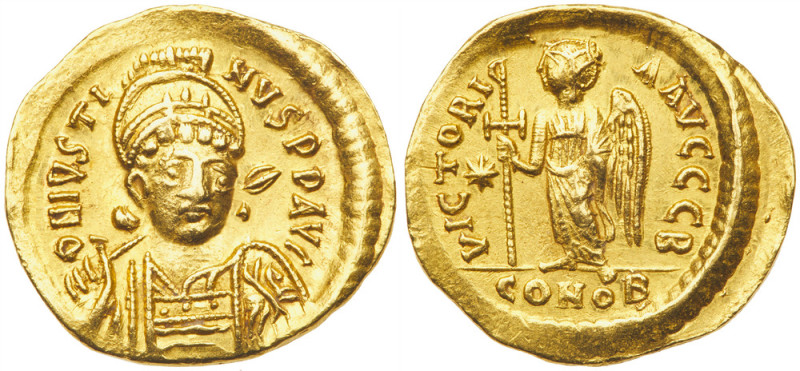 Justin I, 518-527. Gold Solidus (4.43 g) minted at Constantinople. Helmeted and ...