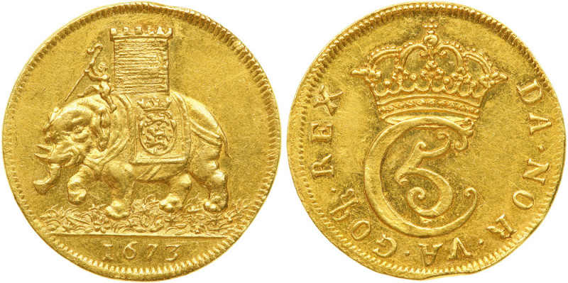 Denmark. Gold 2 Ducats, 1673. Fr-198; Hede-3. 6.90 grams. Christian V, 1670-1699...