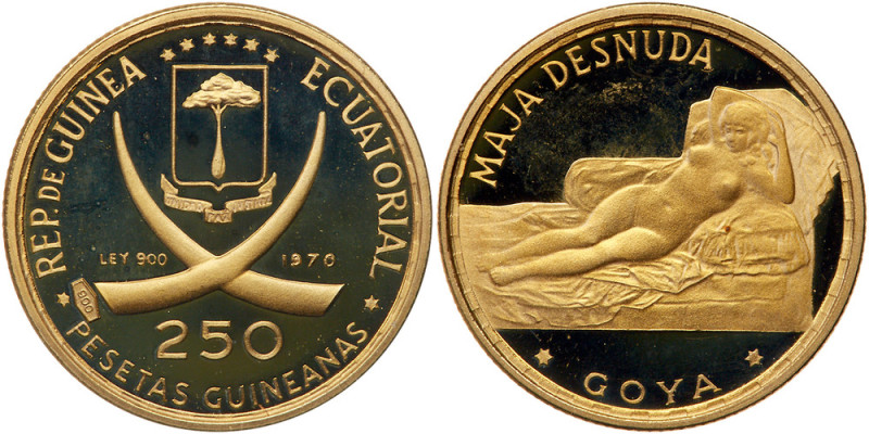 Equatorial Guinea. 250 Pesetas, 1970. Fr-7; KM-20.1. Weight 0.1018 ounce. Goya's...