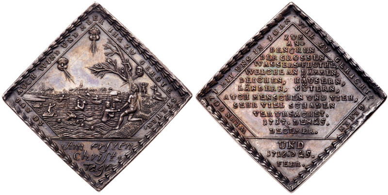 Germany. Klippe Medal, 1718. Silver. 31 x 31 mm. Commemorating the flood of Dece...