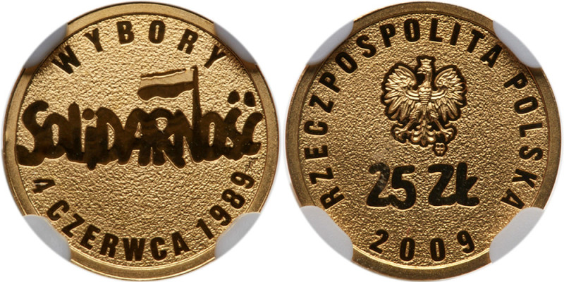 Poland. 25 Zlotych, 2009-MW. Y-682. Weight 0.0289 ounce. 12 mm. Solidarity Logo....