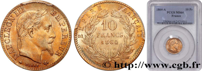 SECOND EMPIRE
Type : 10 francs or Napoléon III, tête laurée 
Date : 1864 
Mint n...