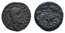 Kelten Gallische Stämme
Carnutes Æ 16 40/30 v.u.Z. Av.: behelmter Kopf nach rechts, Rv.: Reiter nach rechts LT 7081 DT 2471 2.97 g. vz