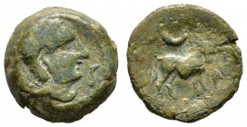 Kelten Iberokelten
Castulo AE-Semis 133-116 v.u.Z. Av.: Kopf nach rechts, Rv.: Stier nach rechts, darüber Halbmond Burgos 892 Calico 373 12.01 g. ss